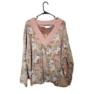 Crescent Drive Tan Floral Print V-Neck Long Sleeve Casual Top‎ Womans Size 3x